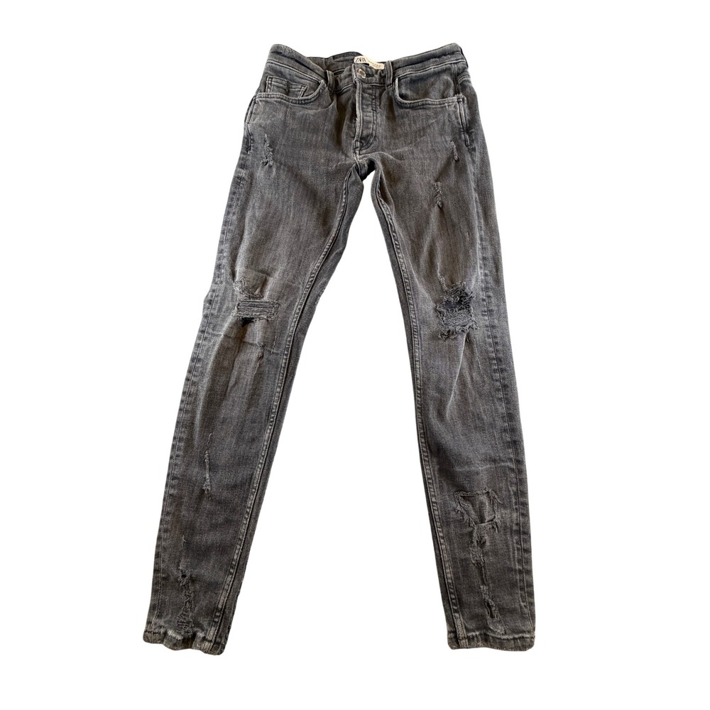 Zara Man Skinny Distressed Jeans Faded Black Ripped Denim Size 32